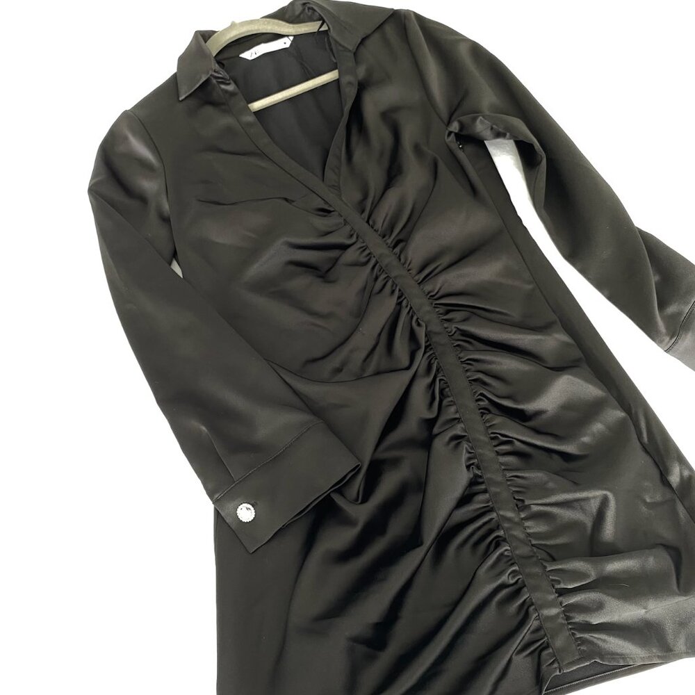 NWOT Zara Ruched Front Satin Black Mini Dress Size Medium - Picture 3 of 5